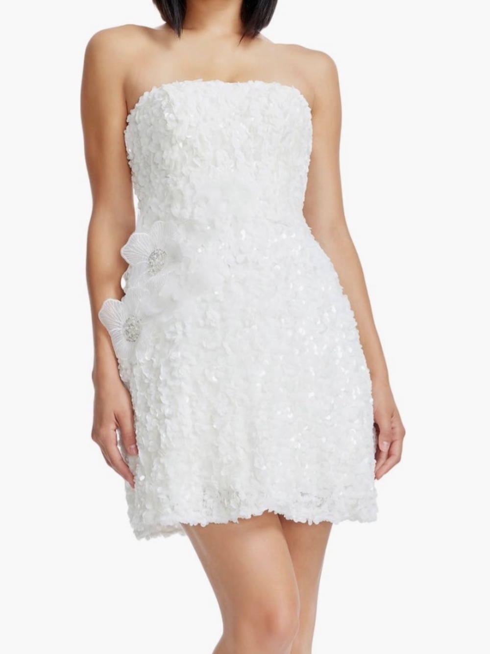 Dress the Population White Sasha Floral Appliqué Strapless Mini Sequin Dress
